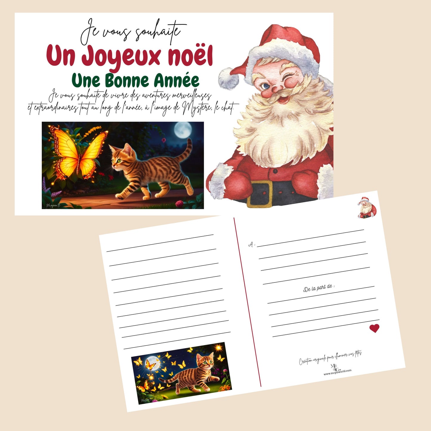 Cartes de Vœux Noël -nouvel an "  illustrations pour enfants " personnalisables MYSTERE LE CHAT