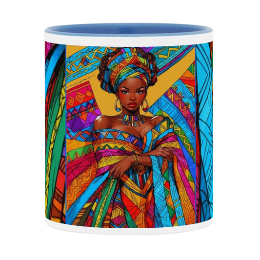 MUGS COLORÉS, SUBLIMÉS entièrement personnalisables  " la jeune femme et motifs africains"