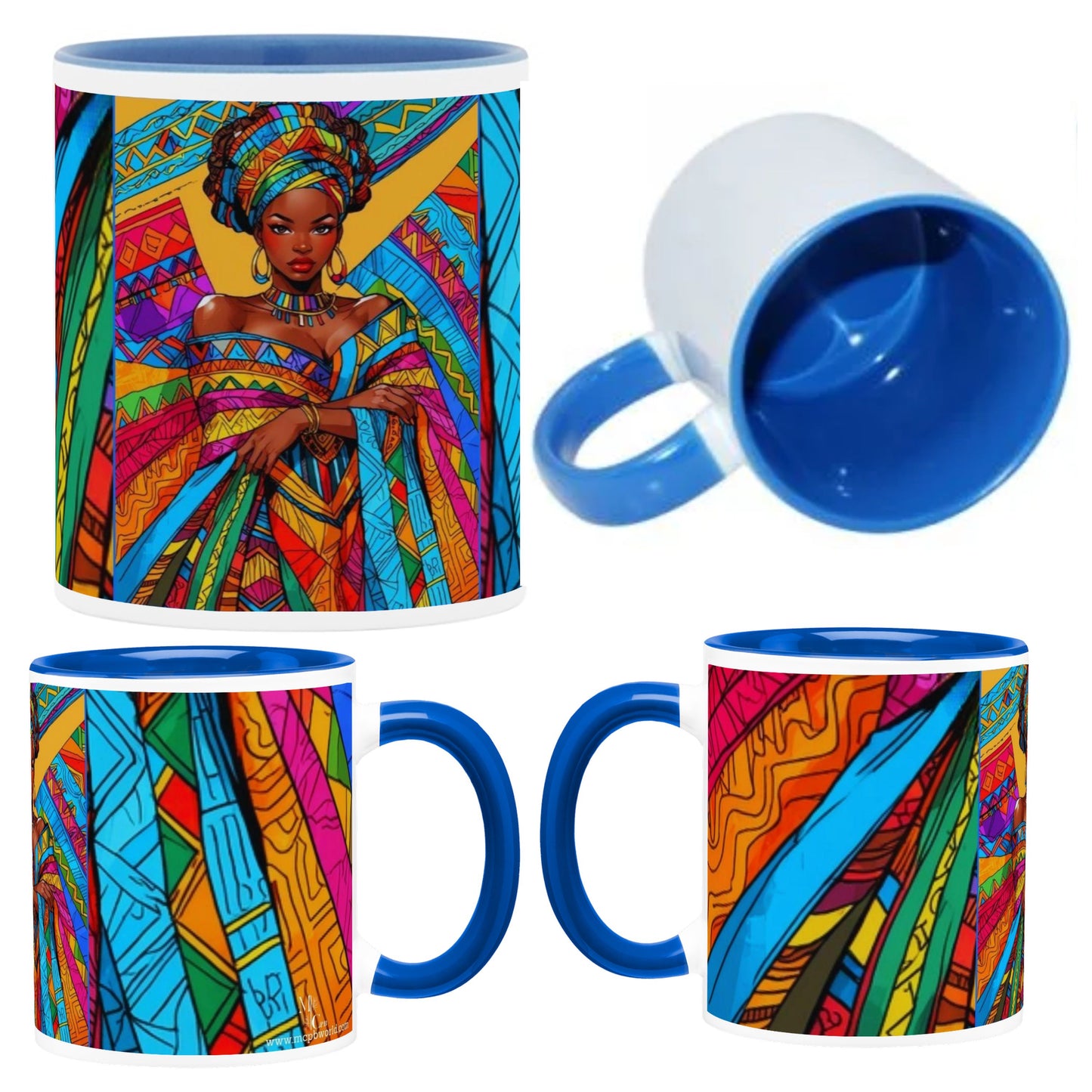 MUGS COLORÉS, SUBLIMÉS entièrement personnalisables  " la jeune femme et motifs africains"