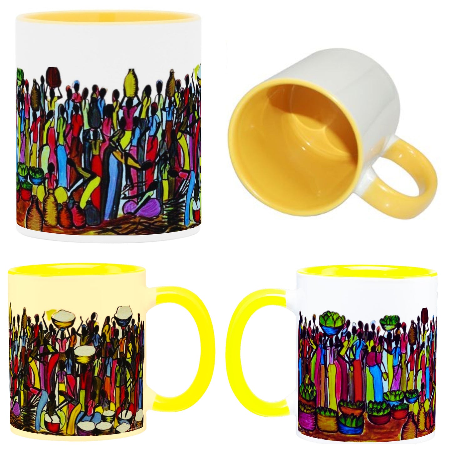 MUGS COLORÉS, SUBLIMÉS entièrement personnalisables , tableaux Africain :" LE MARCHÉ"